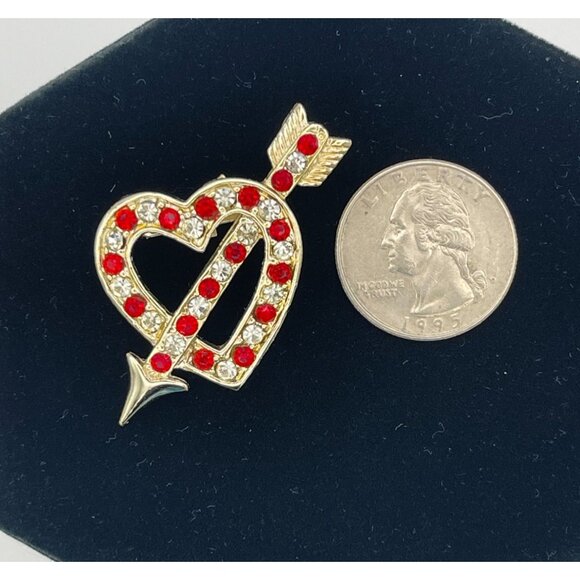 Gold Tone Red Clear Rhinestones Heart Arrow 2" Brooch - Picture 8 of 8